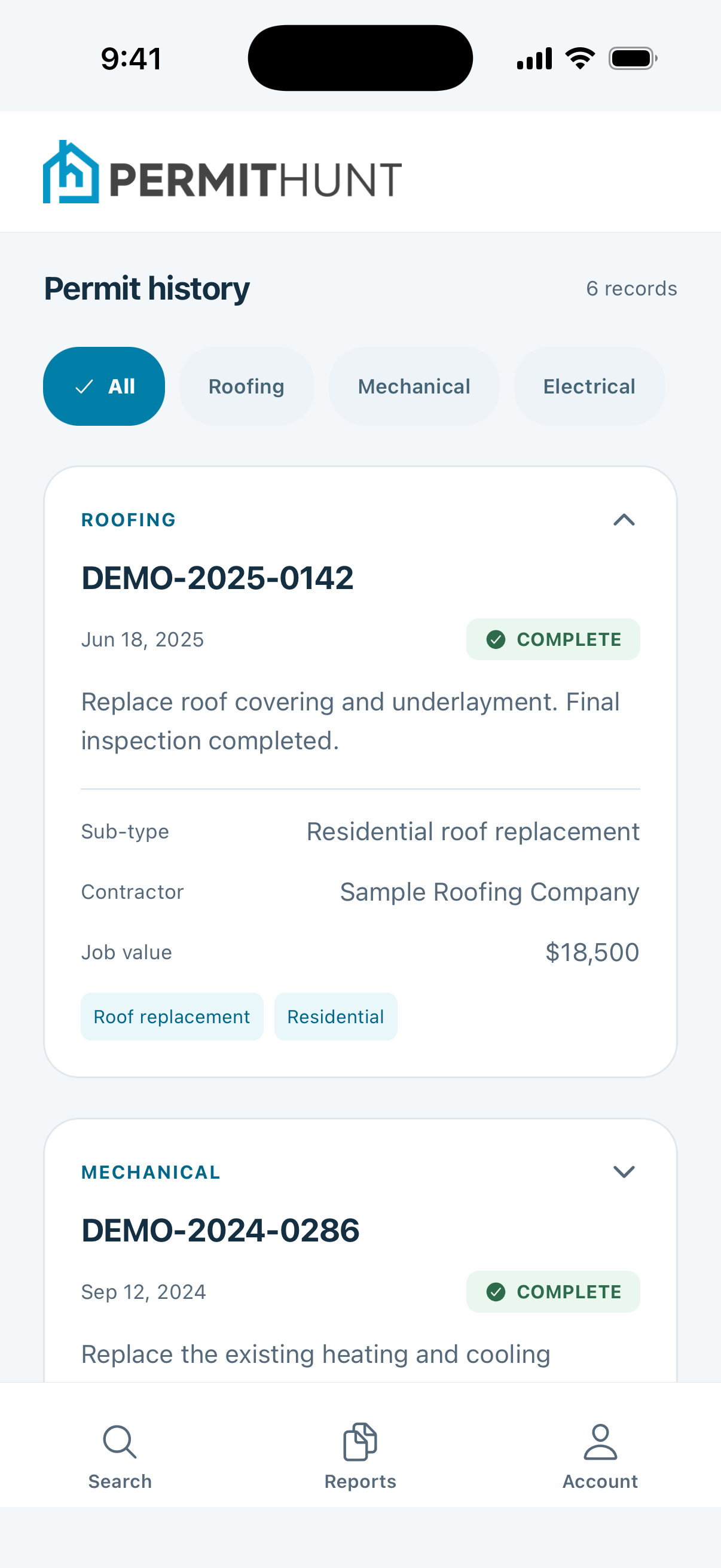 Expanded permit details with type filters, contractor information, and job value