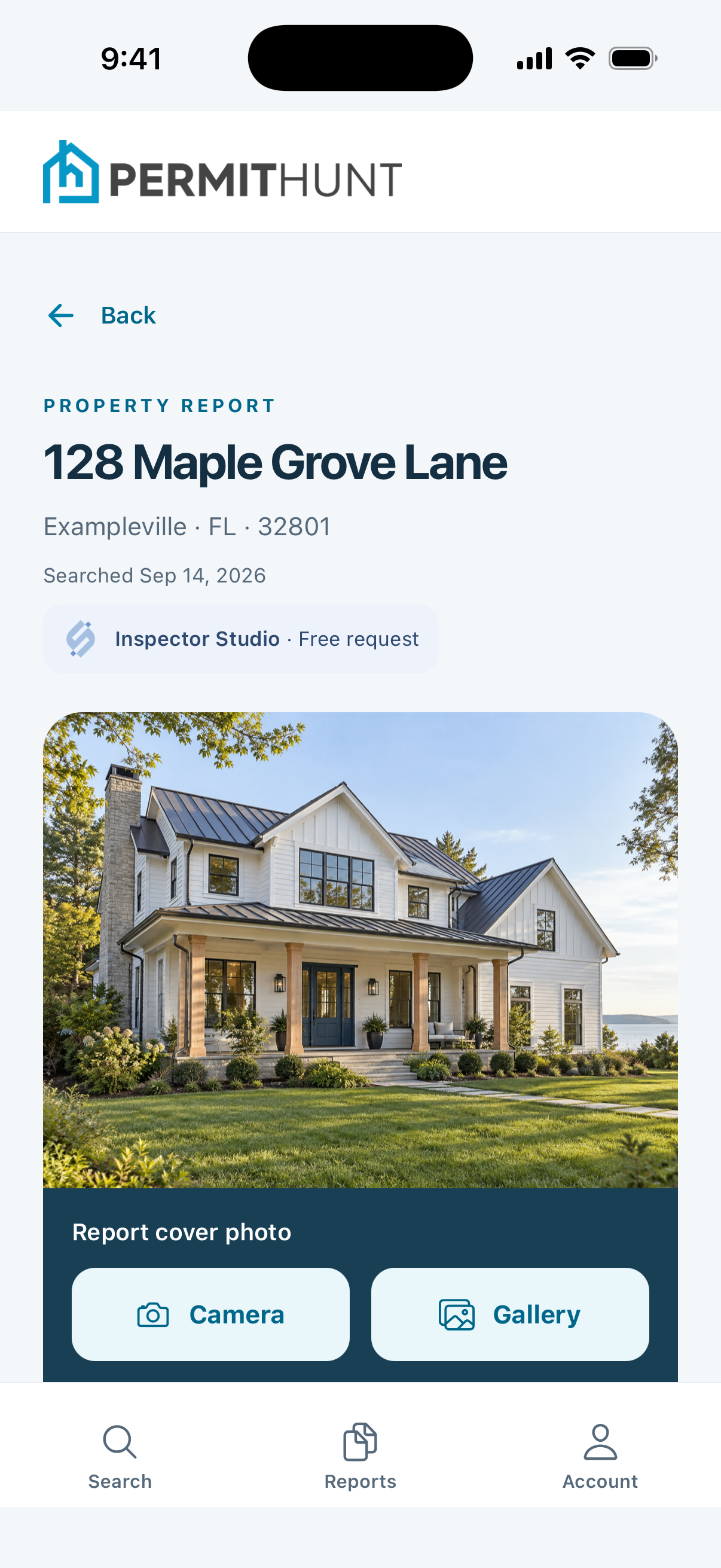 PermitHunt property report with a cover photo and camera and gallery options