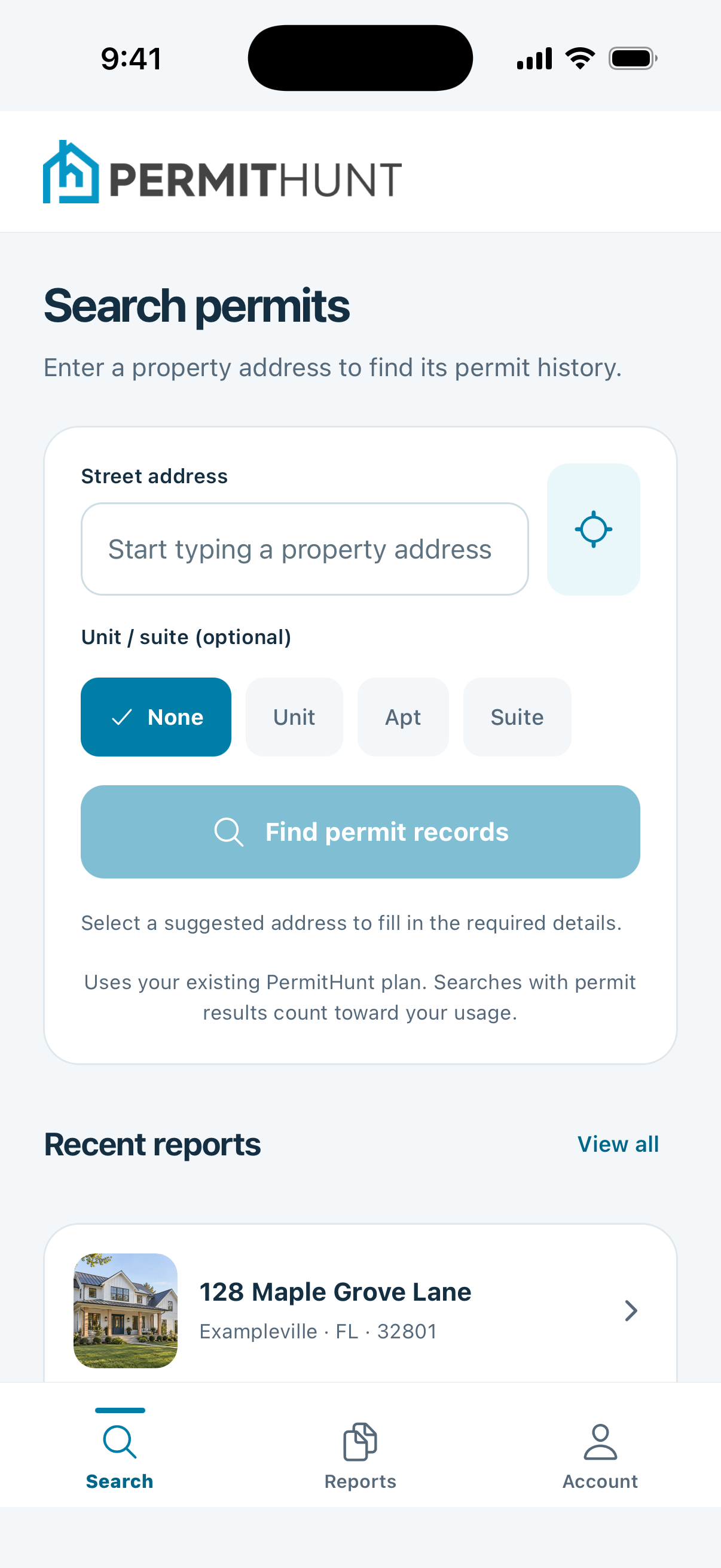 PermitHunt app showing address search and recent property reports