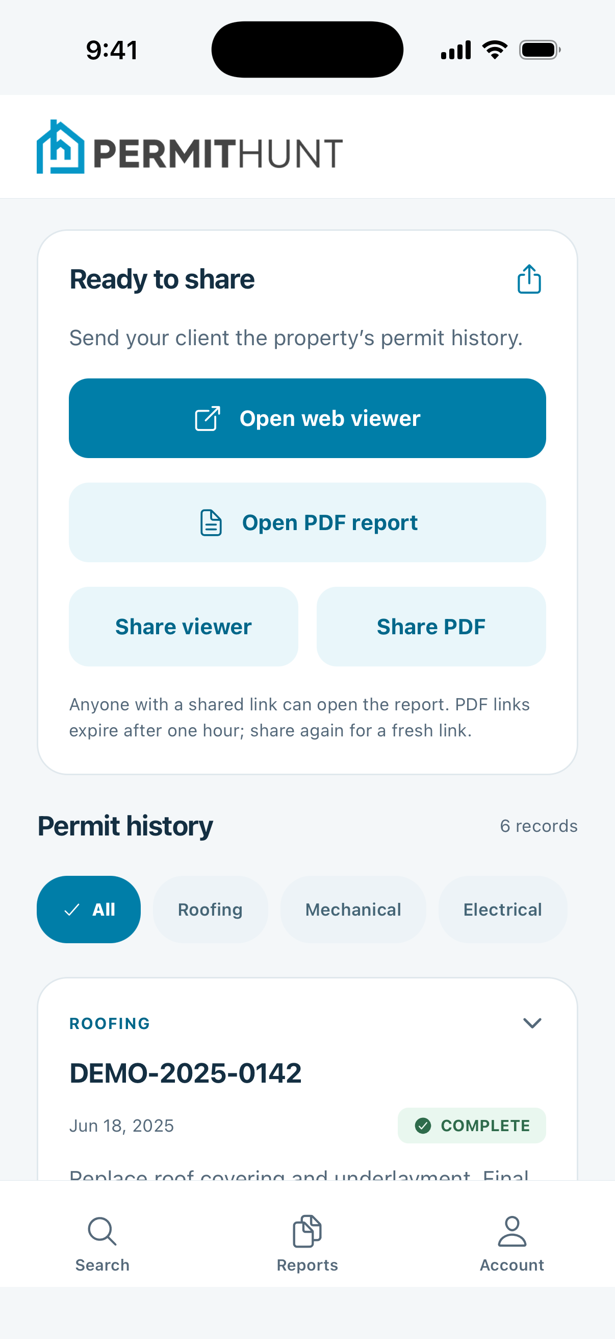 Report sharing options including the web viewer, PDF report, and share links
